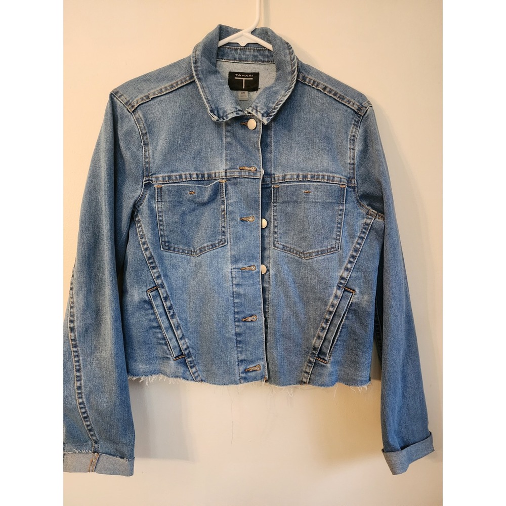 Tahari Mid Wash Denim Jean Jacket M Cropped Frayed Raw Edge Hem Trucker